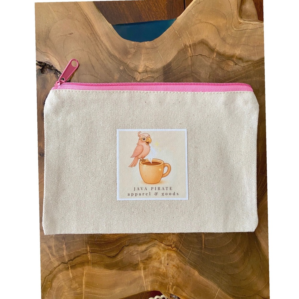 Java Pirate Signature Natural Canvas Pouch Pink Zip 9"x6"